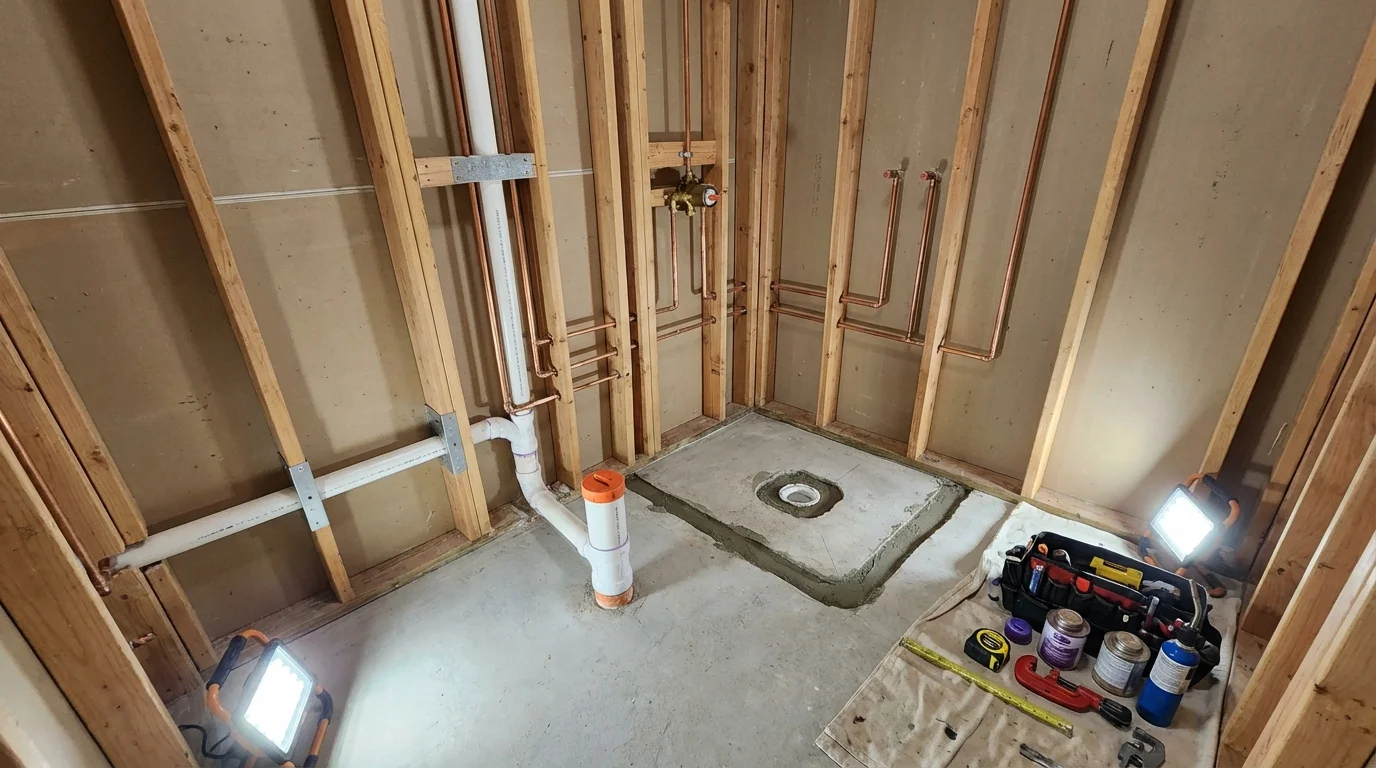 Bathroom rough-in plumbing during remodel by Johns Plumbing LLC in Port Henry