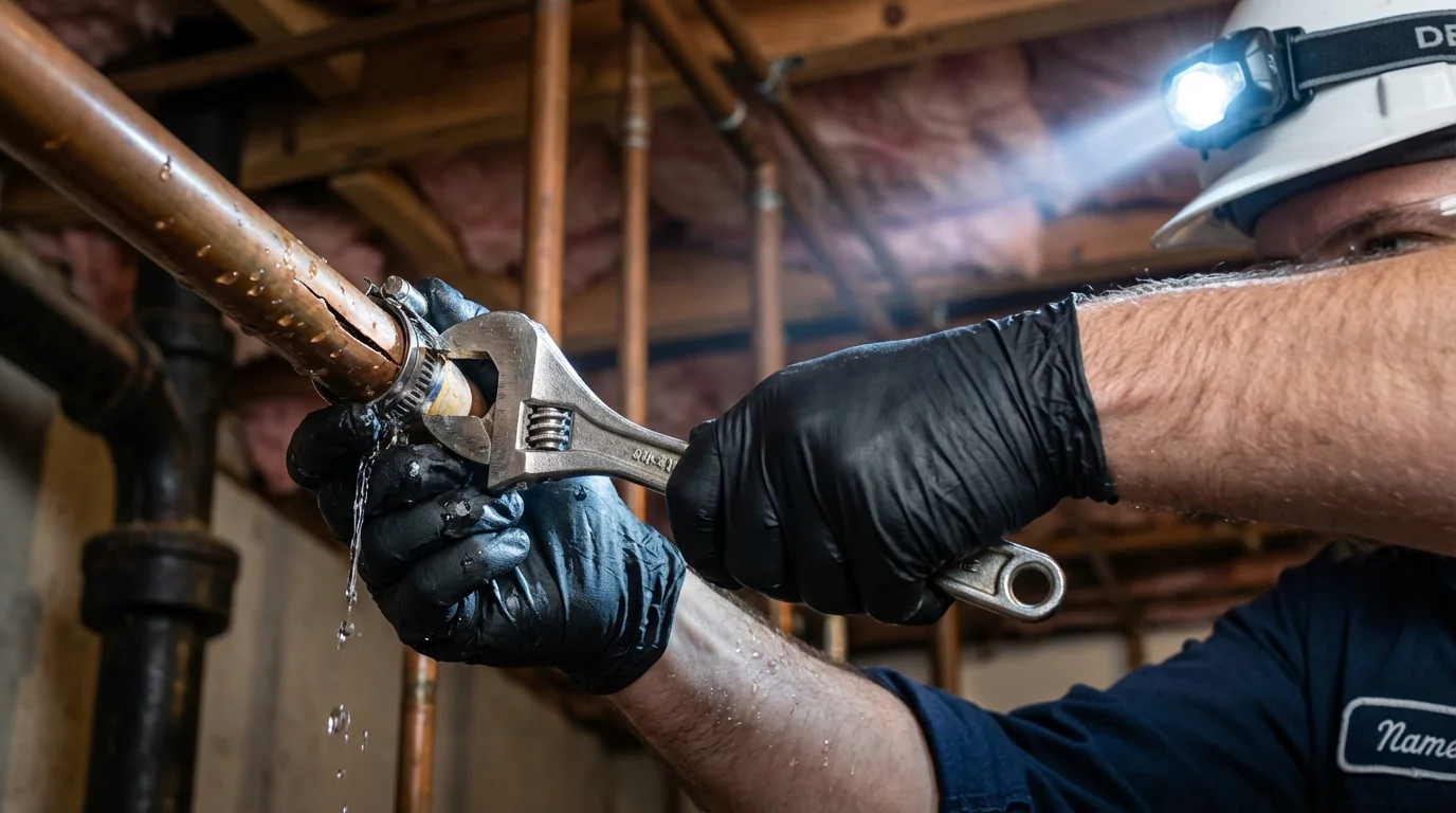 Emergency pipe clamp repair being performed by a Johns Plumbing LLC plumber in Port Henry