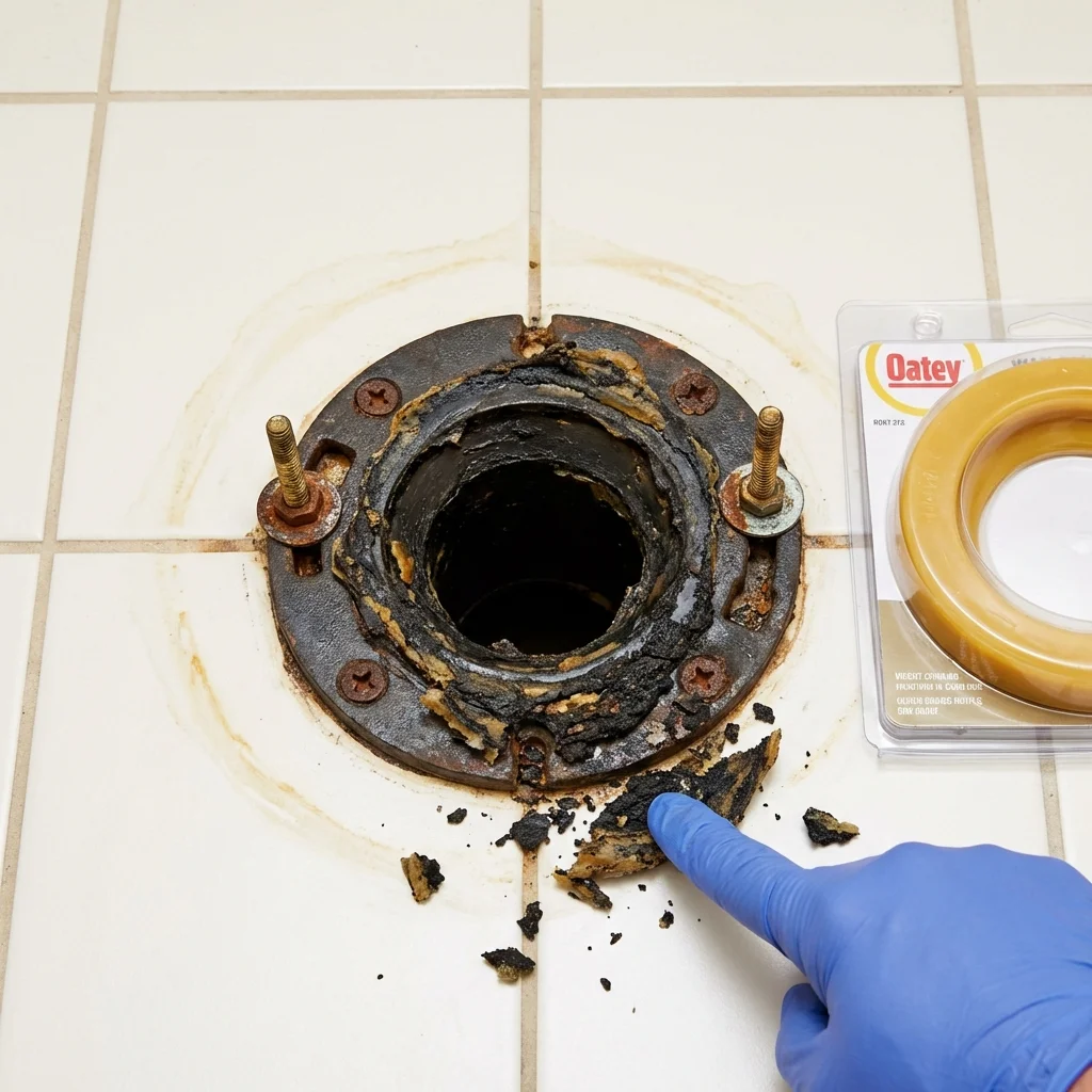 Failed wax ring showing water seepage at the base of a toilet in a Port Henry, NY home