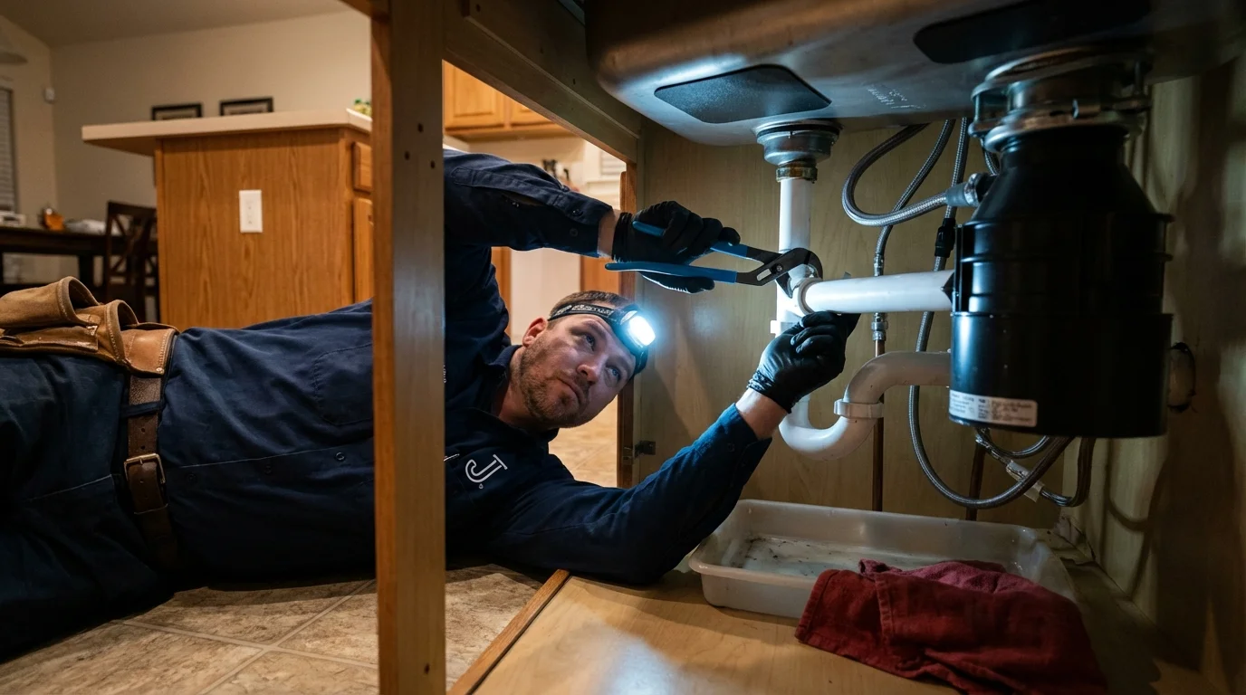 P-trap and supply line connections under a kitchen sink showing a common leak point in Port Henry, NY